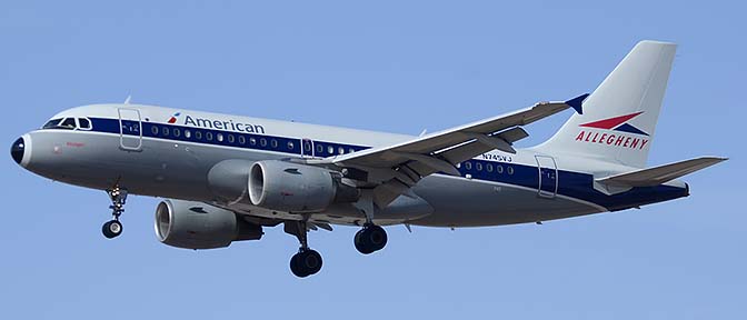 American Airbus A319-112 N745VJ in retro Allegheny Airlines Vistajet livery, Phoenix Sky Harbor, April 5, 2015